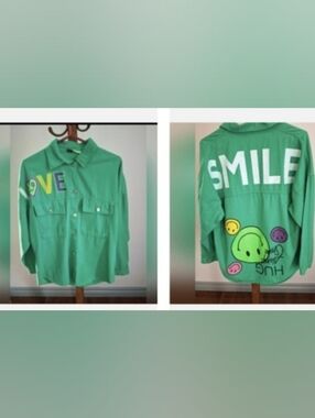 Veto Jeans Green Denim Shirt. Love ❤️ And Smiles 😊Front/Back Graphics -Ladies S